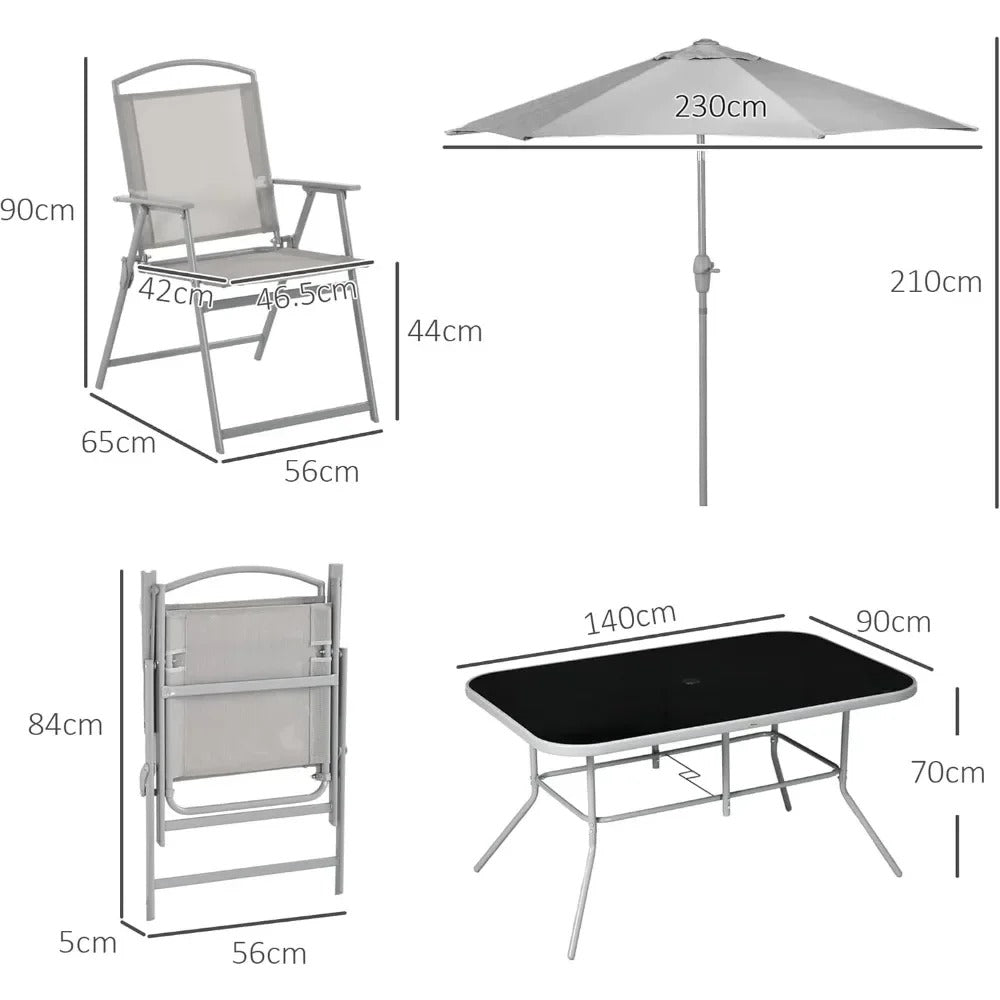Ensemble Repas Extérieur 8 Pièces – Table en Verre, 6 Chaises Pliantes, Parasol Inclinable – Jardin / Terrasse