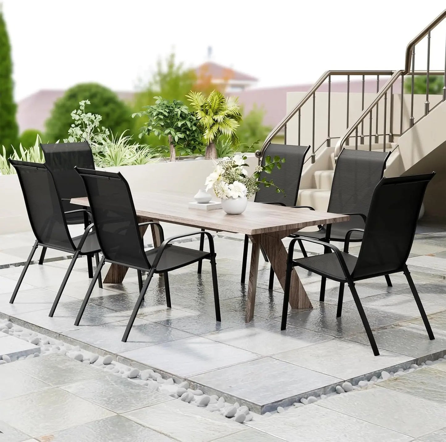 Lot de 6 Chaises de Jardin Empilables – Acier & Tissu Teslin – Dossier Haut – Extérieur