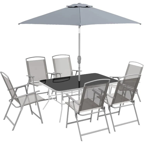 Ensemble Repas Extérieur 8 Pièces – Table en Verre, 6 Chaises Pliantes, Parasol Inclinable – Jardin / Terrasse