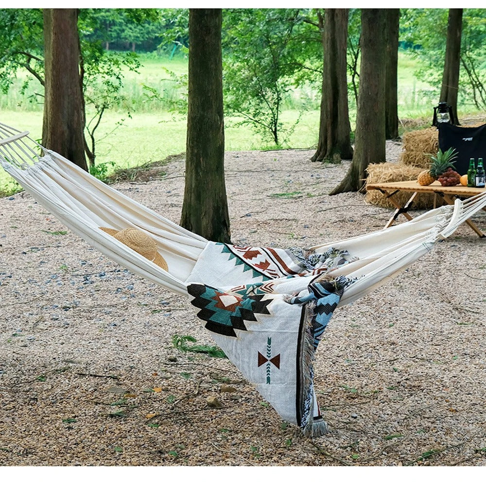 Hamac Double en Coton Tissé – Fixations Renforcées – Extérieur / Camping – Avec Sac de Transport
