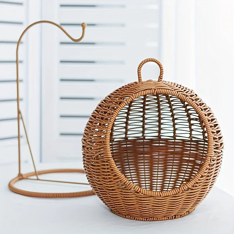 Panier Suspendu Autoportant pour Chat – Rotin Synthétique – Support Métal – Coussin Inclus – Intérieur