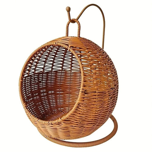 Panier Suspendu Autoportant pour Chat – Rotin Synthétique – Support Métal – Coussin Inclus – Intérieur