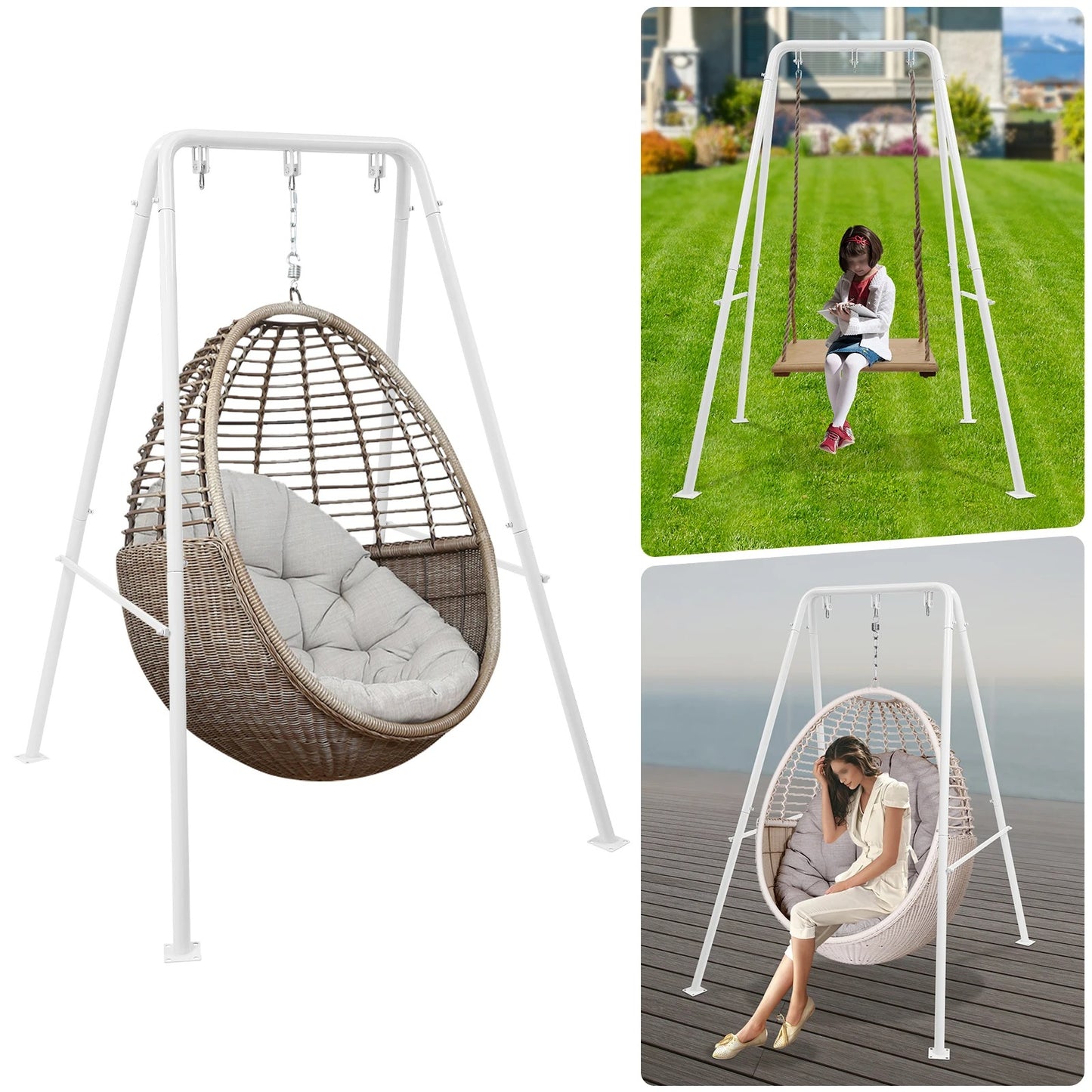 Support au Sol pour Chaise Suspendue – Structure Triangulaire – Fer Thermolaqué – Intérieur / Extérieur – Blanc