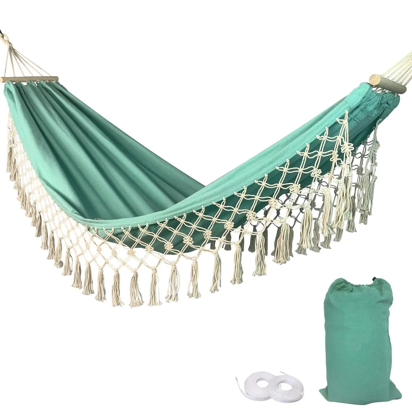 Hamac avec Barres en Bois & Pompons – Toile Épaisse Coton / Polyester – Extérieur – avec Sac