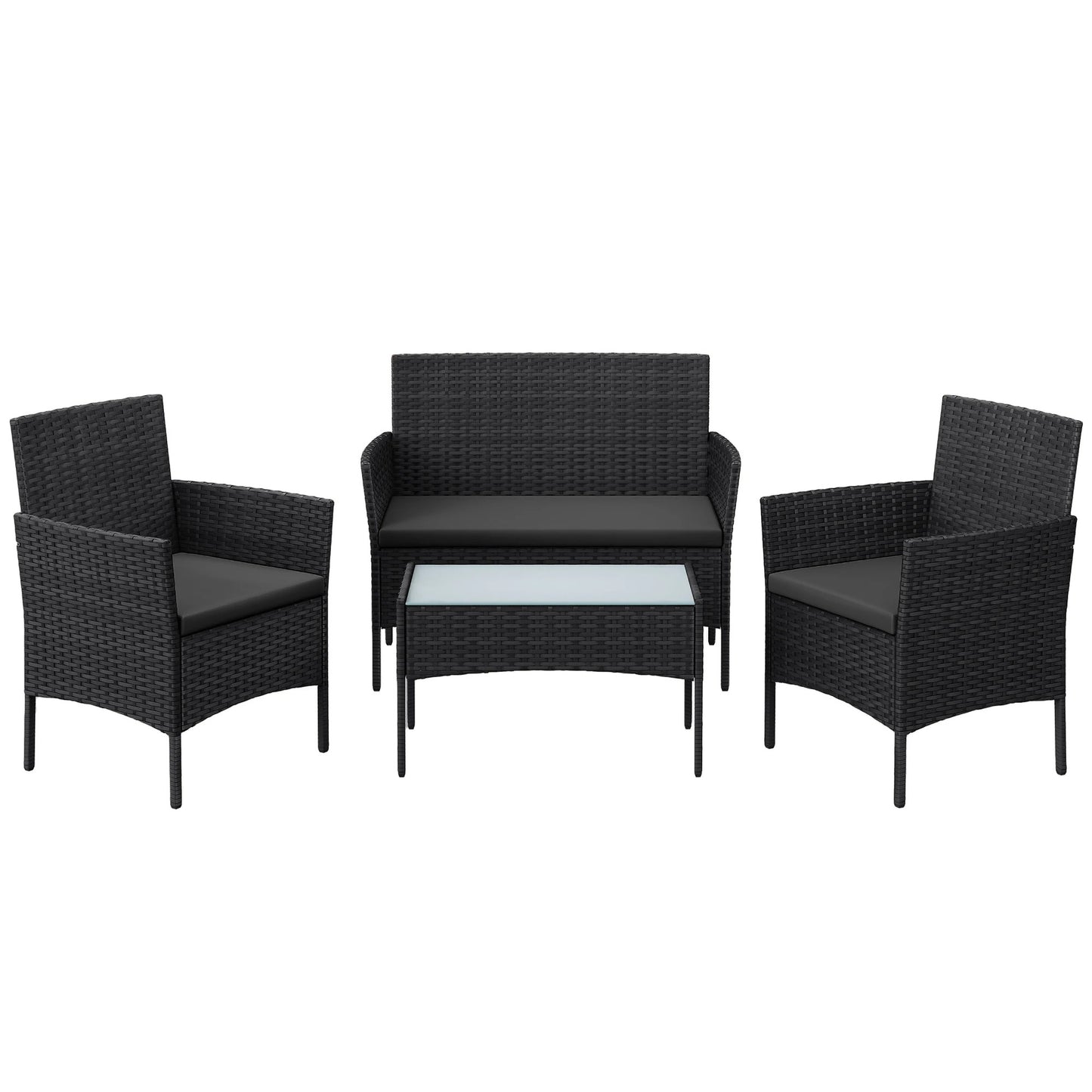 Salon de Jardin 4 Pièces – Acier Thermolaqué & Rotin PE – Table en Verre Trempé – Extérieur