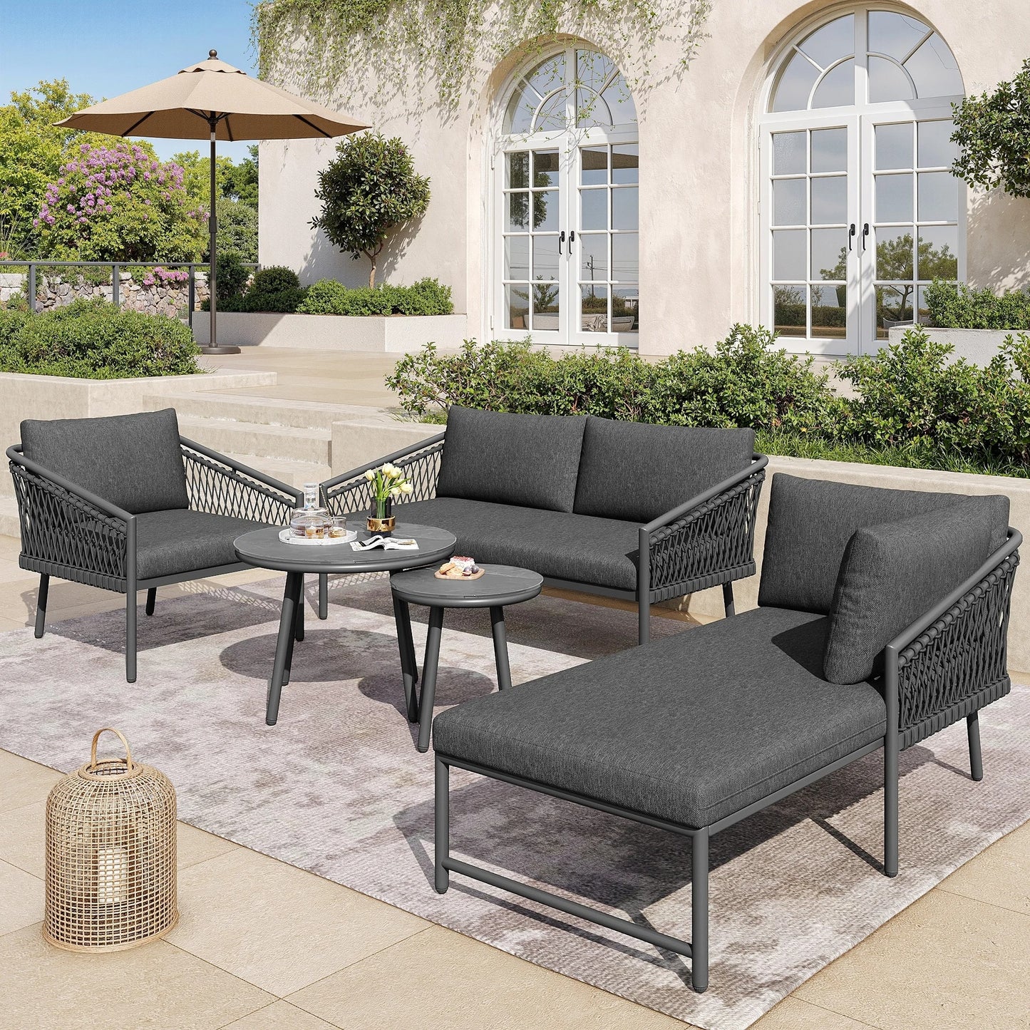 Salon de Jardin 5 Pièces – Canapé, Fauteuil, Chaise et 2 Tables – Corde Tressée & Verre Trempé – Extérieur – Beige / Gris