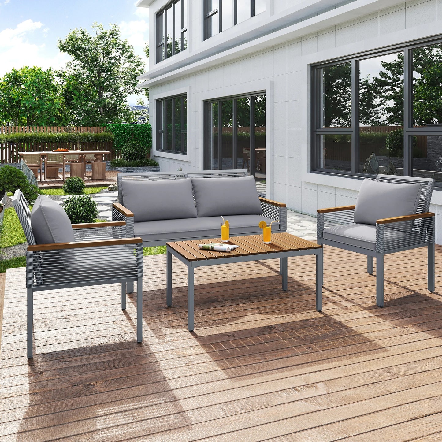 Salon de Jardin Modulable – Acier, Polyrotin & Bois d’Acacia – Coussins Inclus – Extérieur