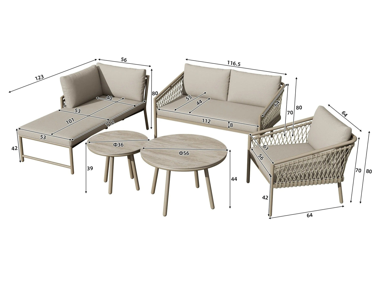 Salon de Jardin 5 Pièces – Canapé, Fauteuil, Chaise et 2 Tables – Corde Tressée & Verre Trempé – Extérieur – Beige / Gris