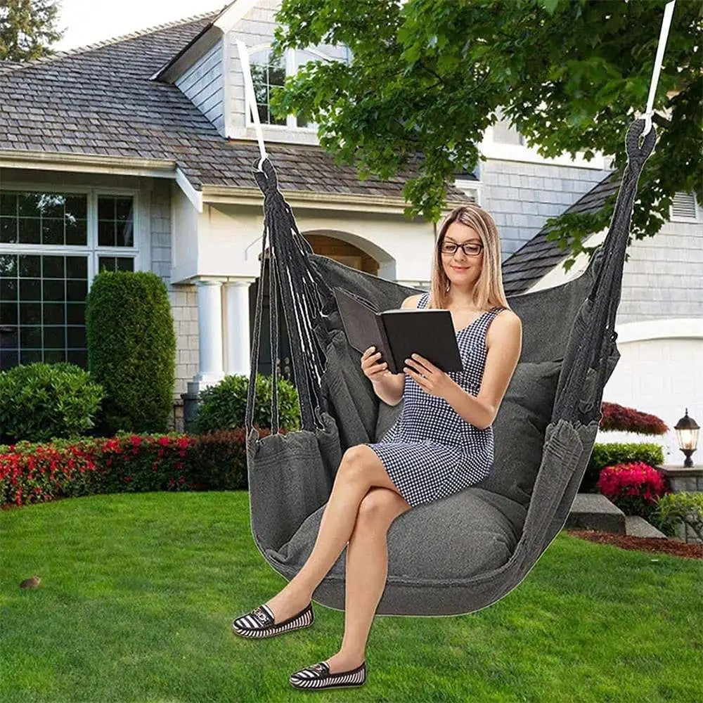 Chaise Hamac Suspendue – Toile Coton / Polyester – Portable – Extérieur / Camping / Terrasse – À Fixer