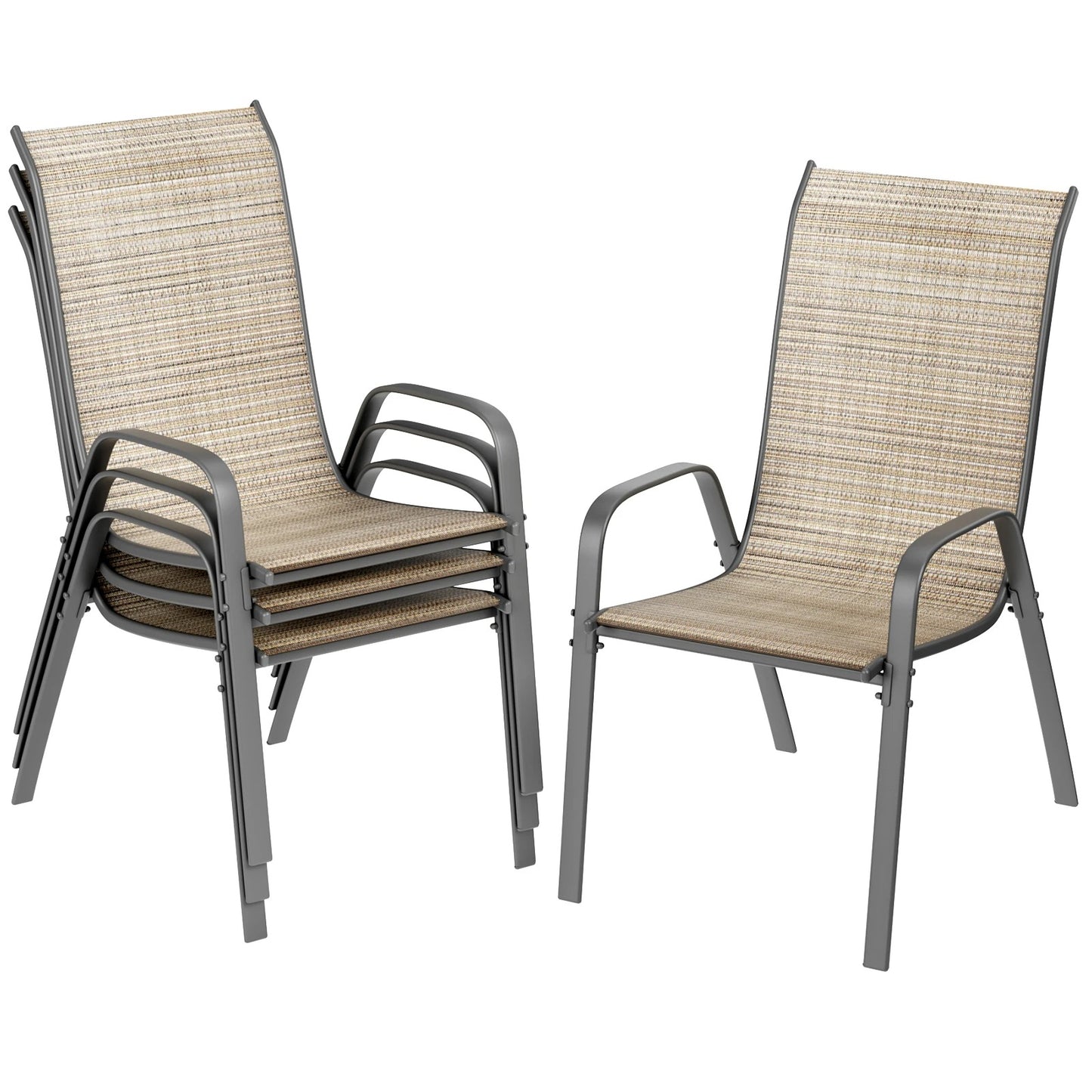Lot de 4 Chaises de Jardin Empilables – Structure Métal Thermolaqué & Assise en Tissu Teslin – Résistantes aux Intempéries – 150 kg