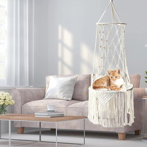 Hamac Suspendu pour Chat et Petit Chien – Macramé avec Coussin – Intérieur – Crochet Inclus