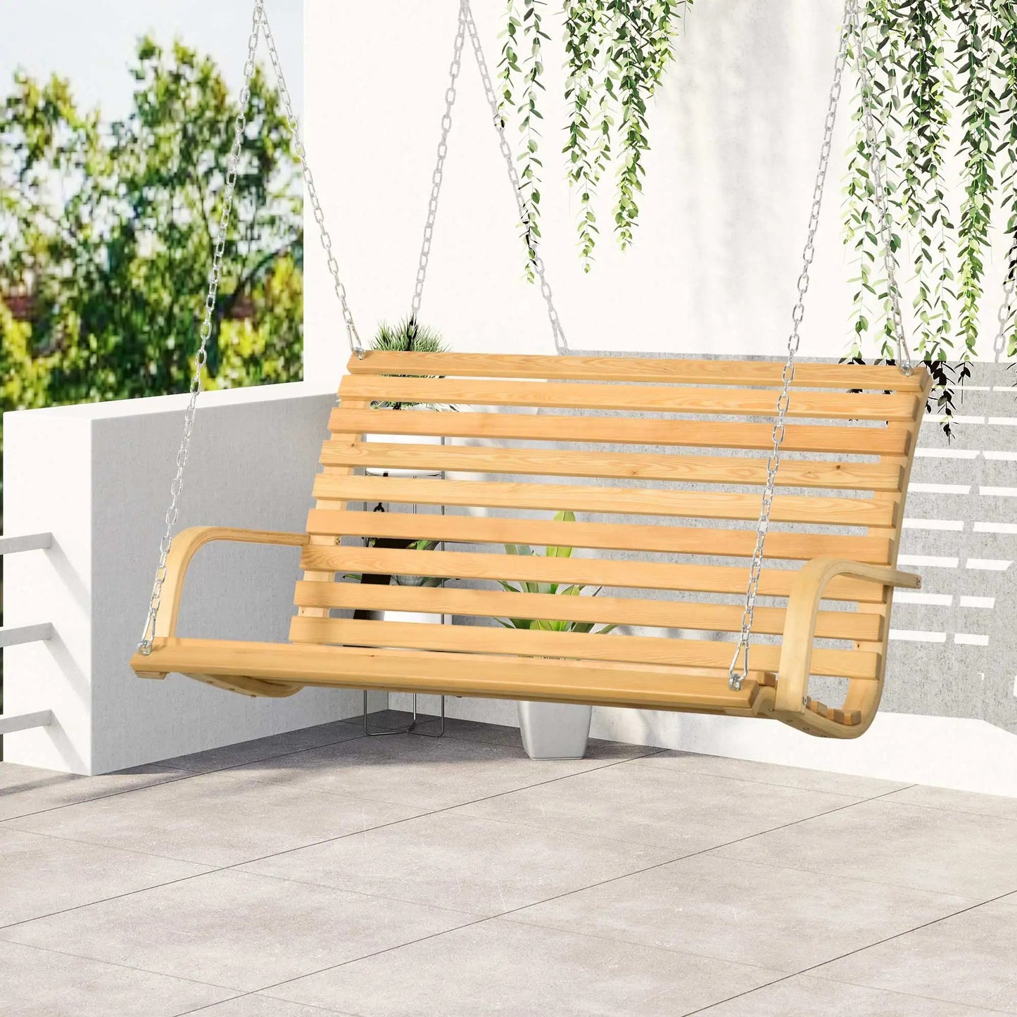 Banc Suspendu 2 Places Outsunny – Larch Wood, Chaînes Métalliques, Charge 240 kg