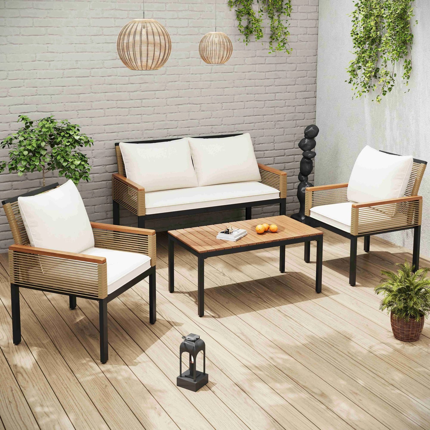 Salon de Jardin Modulable – Acier, Polyrotin & Bois d’Acacia – Coussins Inclus – Extérieur