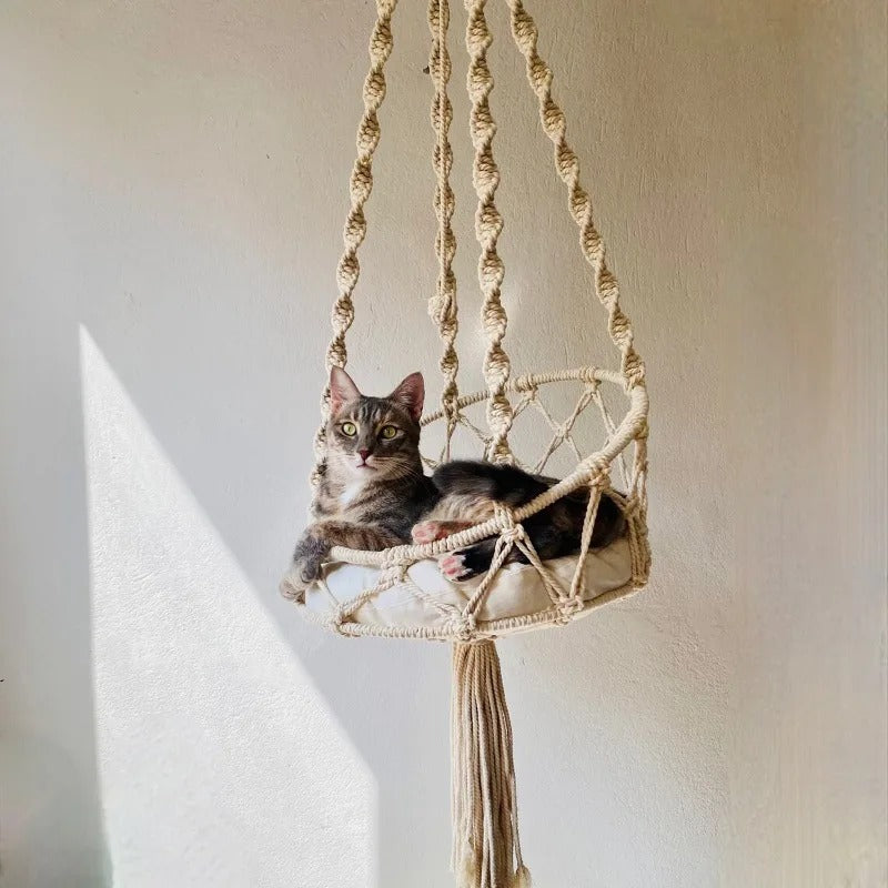 Panier Hamac Suspendu pour Chat – Corde Tressée Artisanale – Coussin Amovible – Intérieur