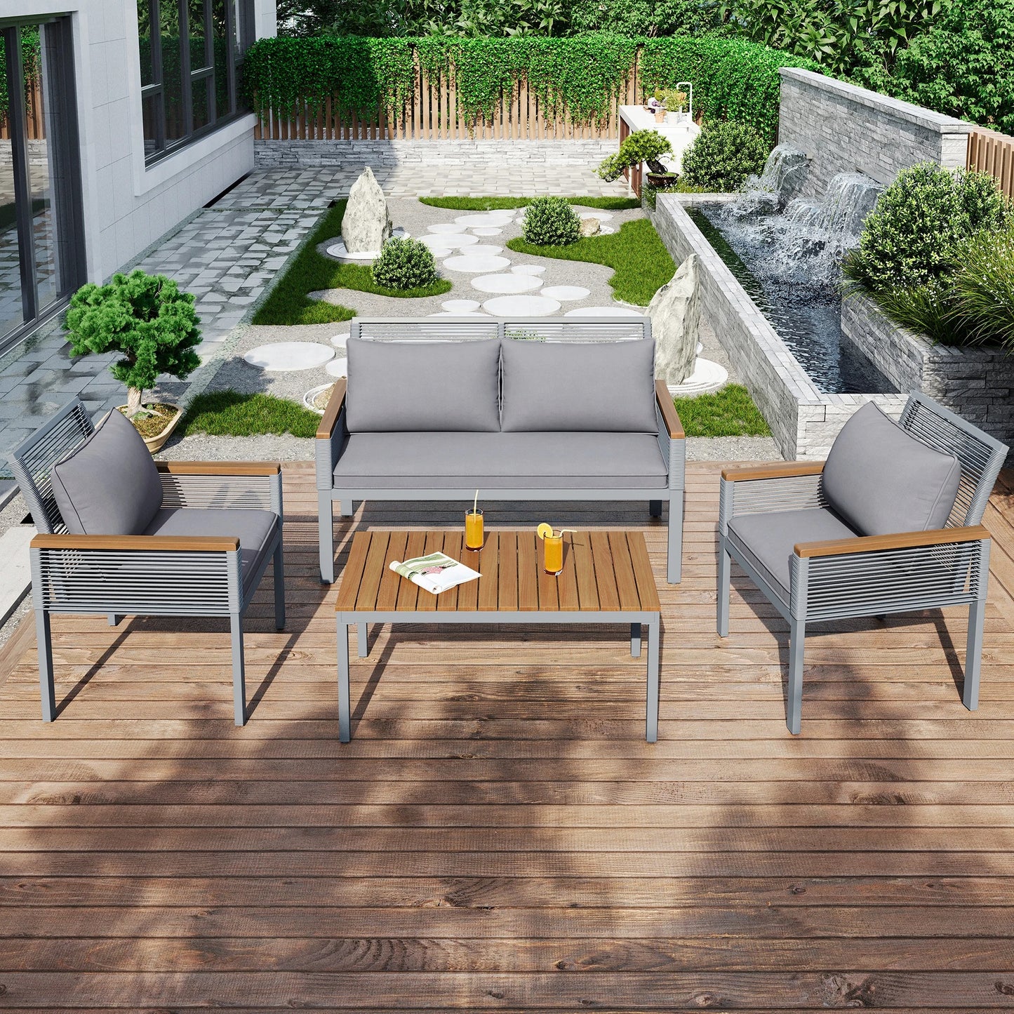 Salon de Jardin Modulable – Acier, Polyrotin & Bois d’Acacia – Coussins Inclus – Extérieur