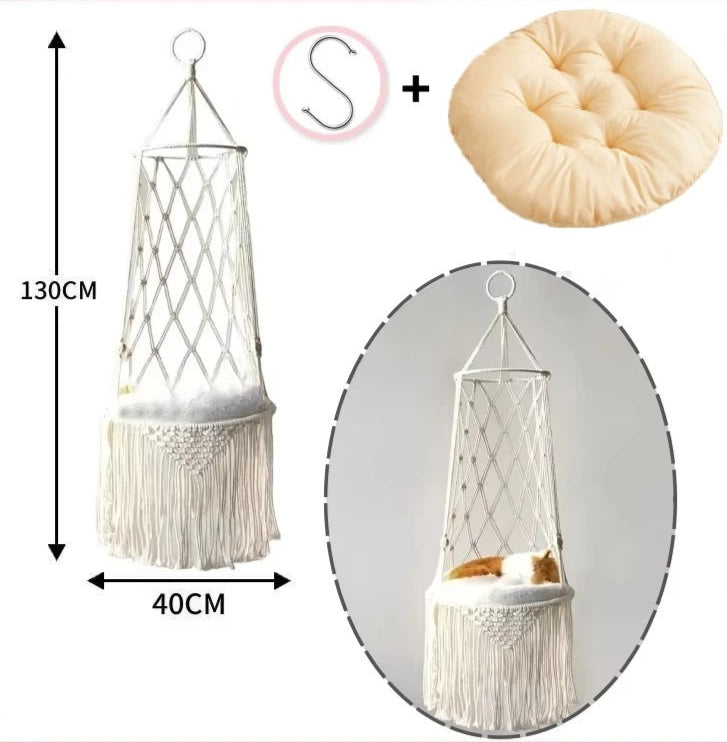 Hamac Suspendu pour Chat et Petit Chien – Macramé avec Coussin – Intérieur – Crochet Inclus