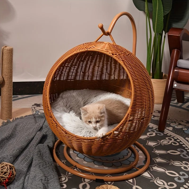 Panier Suspendu Autoportant pour Chat – Rotin Synthétique – Support Métal – Coussin Inclus – Intérieur