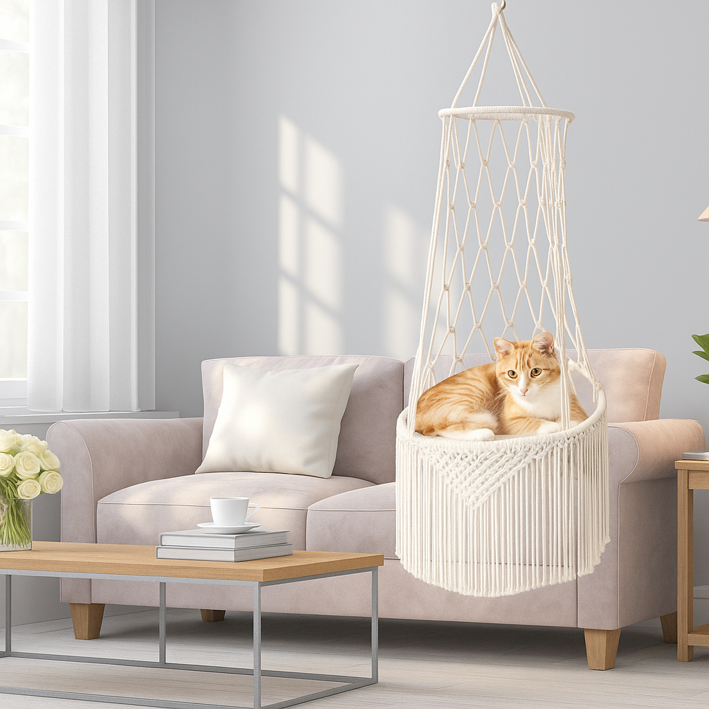 Hamac Suspendu pour Chat et Petit Chien – Macramé avec Coussin – Intérieur – Crochet Inclus