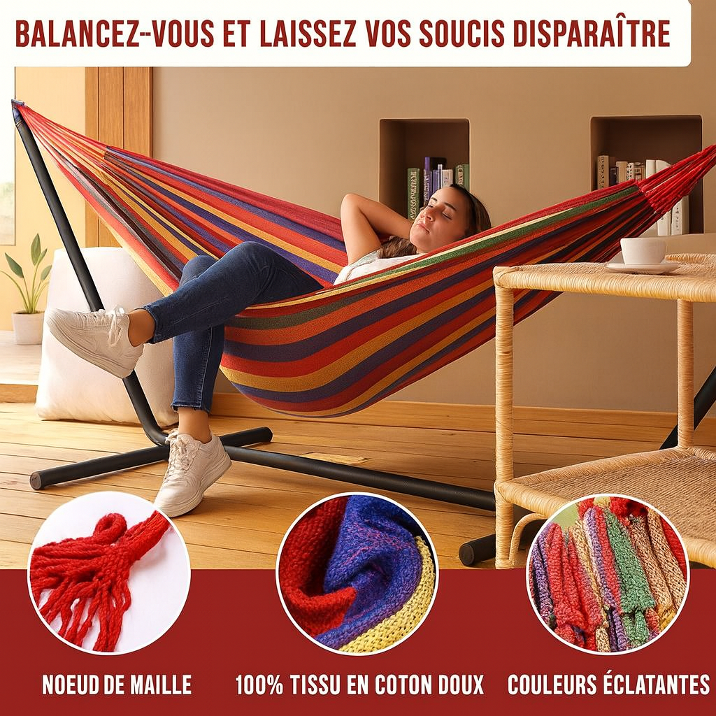 Hamac en Toile 175 x 70 cm – Anti-Renversement – Intérieur / Extérieur – 100 kg – Avec Cordes & Sac – Combinaison de rouge, bleu, vert et jaune