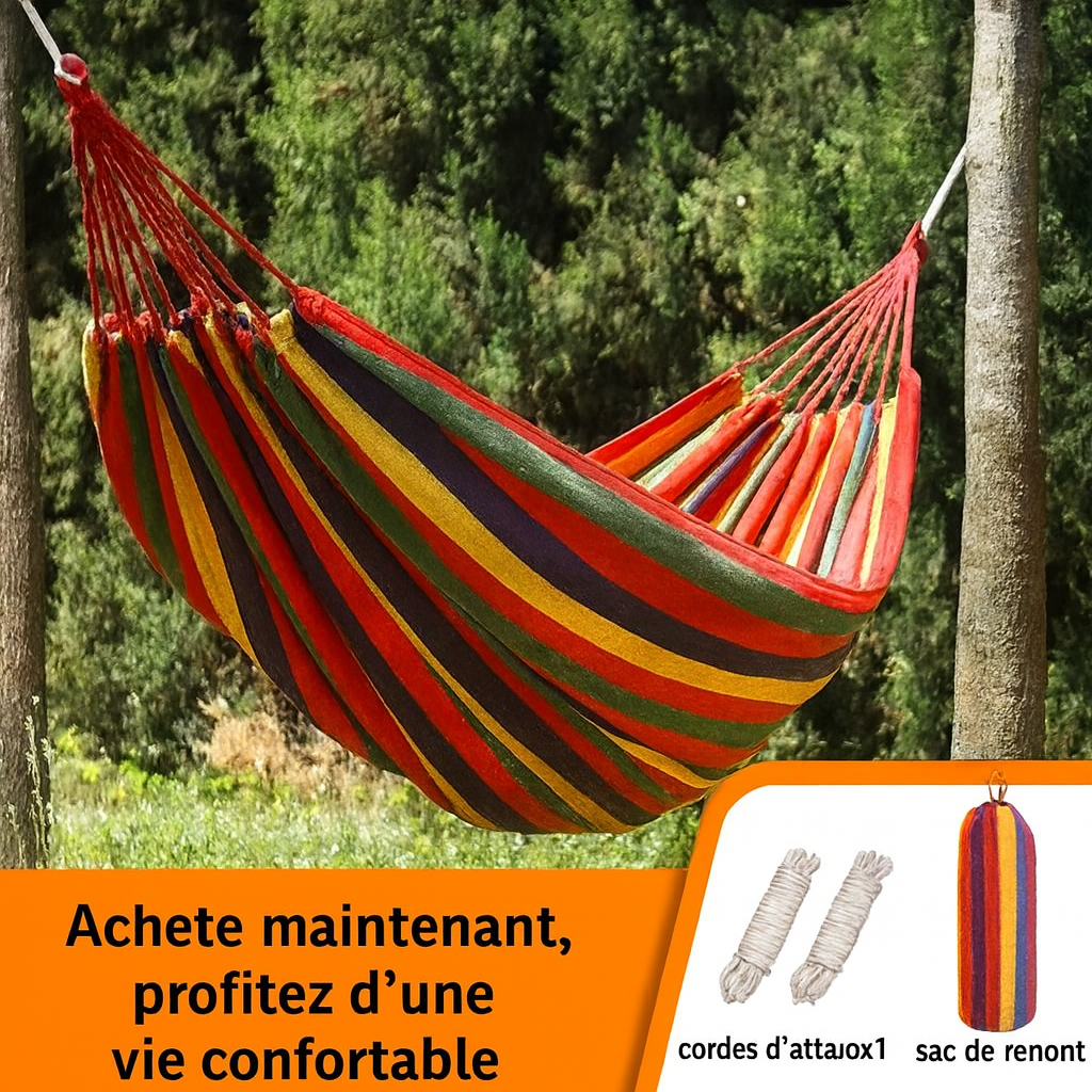 Hamac en Toile 175 x 70 cm – Anti-Renversement – Intérieur / Extérieur – 100 kg – Avec Cordes & Sac – Combinaison de rouge, bleu, vert et jaune