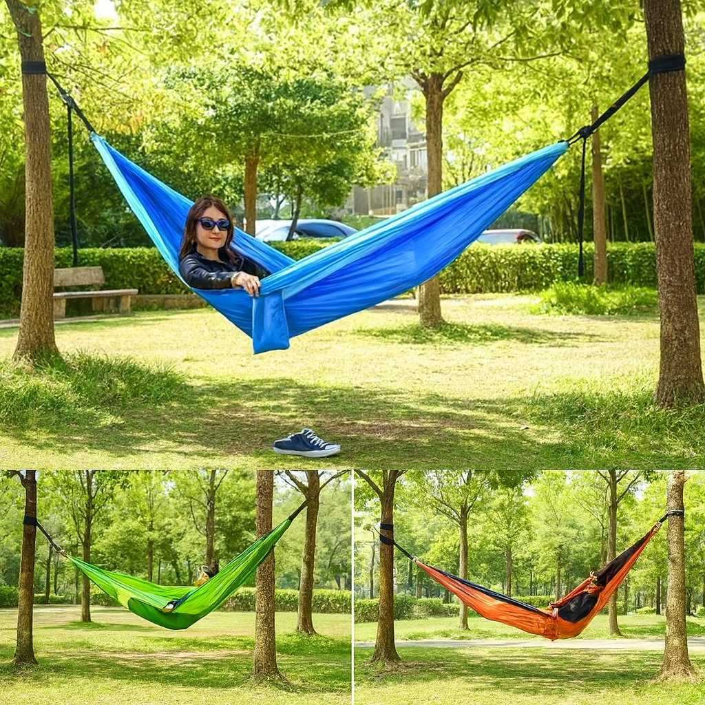 Hamac de Camping Double – Nylon Léger – 200 à 250 kg – Avec Sangles – Extérieur – Portable