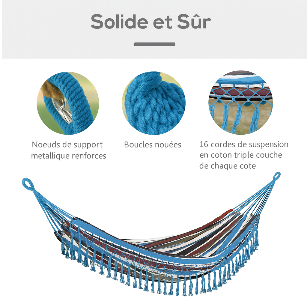 Hamac Double 285 x 150 cm – Coton & Polyester – Multicolore – Extérieur – 120 kg