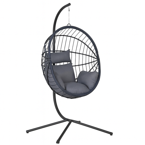 Chaise Œuf Suspendue avec Support – Résine Tressée – Coussins Inclus – Pivotante – Intérieur / Extérieur – Noir