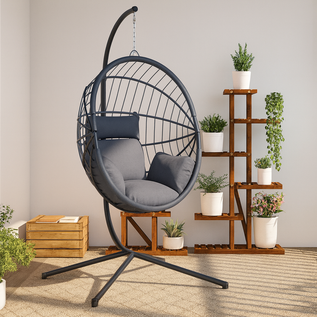 Chaise Œuf Suspendue avec Support – Résine Tressée – Coussins Inclus – Pivotante – Intérieur / Extérieur – Noir