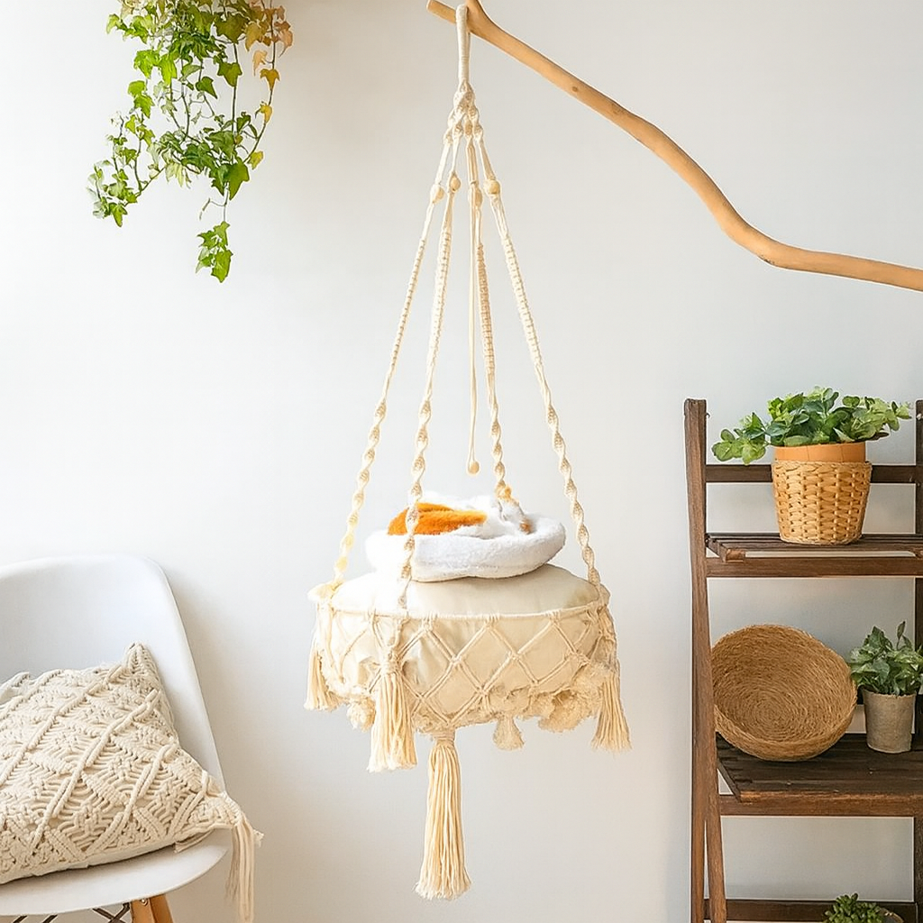 Hamac Suspendu en Filet pour Chat – Coton Tissé à la Main – Intérieur – Blanc