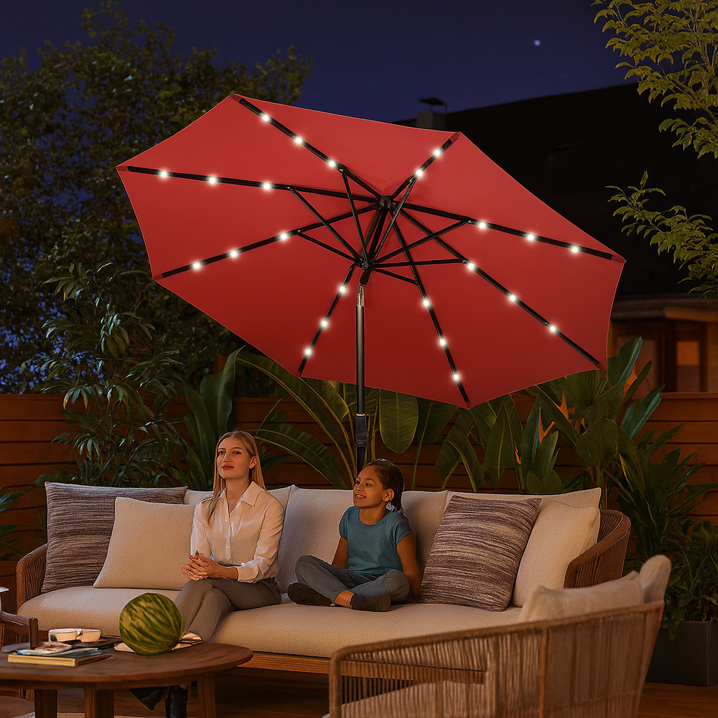 Parasol de Terrasse avec LED Solaires – Tissu UPF 50+ – Manivelle – 2,7 m