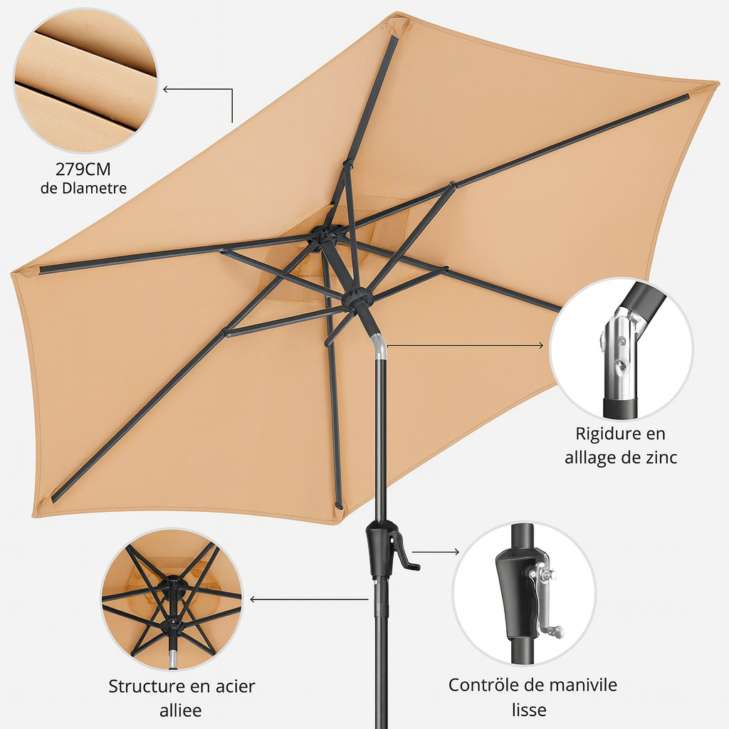 Parasol Déporté Carré 270x270 cm – Rotatif 360° – UPF 50+ – Base Métallique Incluse – Extérieur