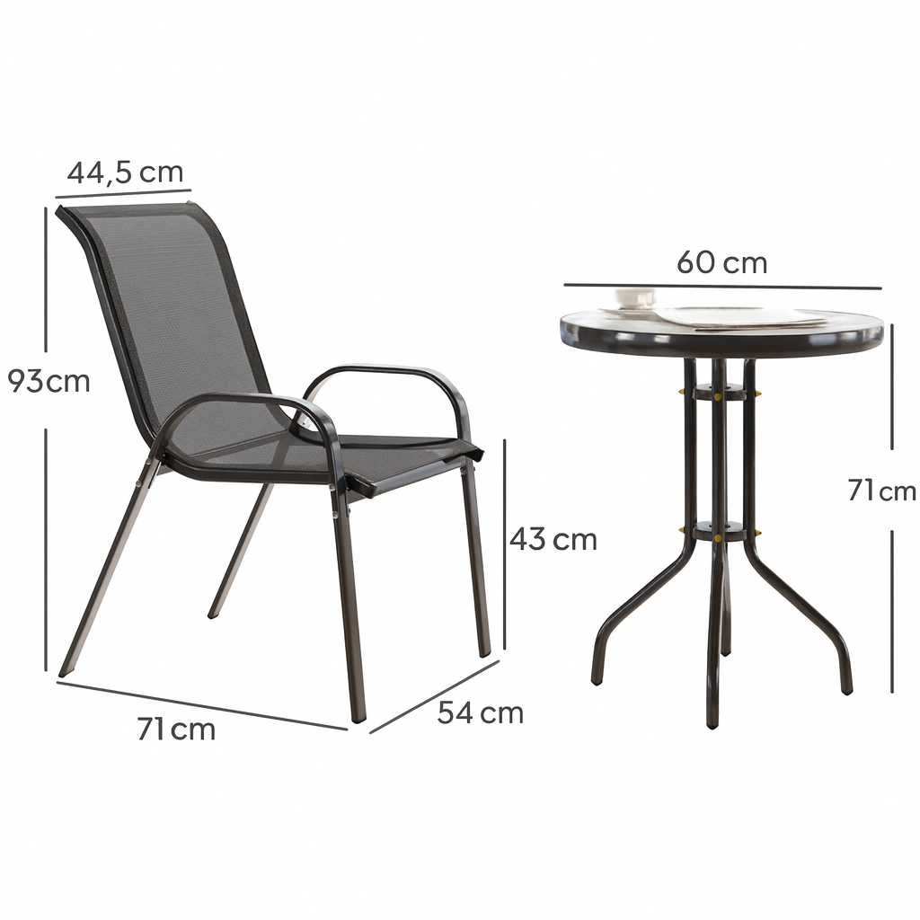 Ensemble Mobilier de Jardin 3 Pièces – 2 Chaises Empilables & 1 Table Ronde – Acier, Textilène & Verre Trempé – Noir