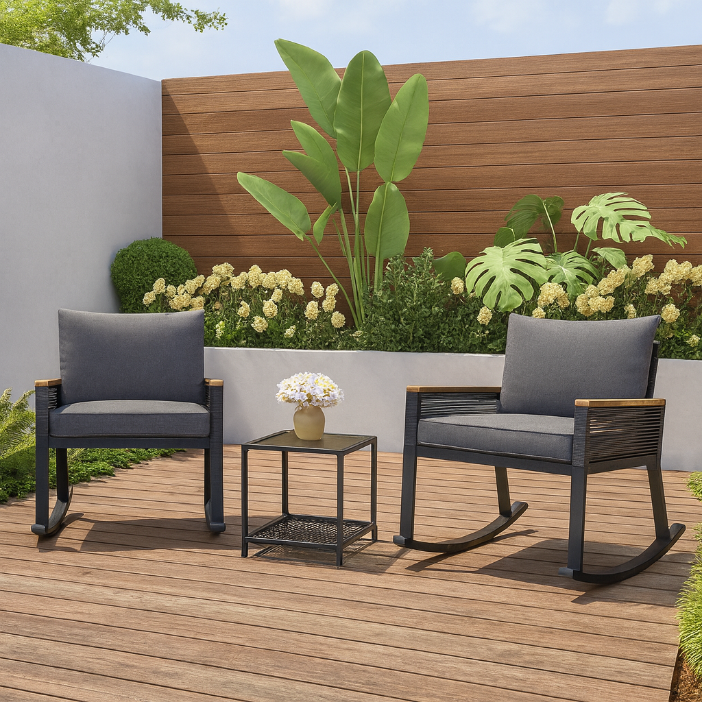 Salon de Jardin 3 Pièces – 2 Chaises à Bascule + Table Basse – Acier, Acacia & Verre – Extérieur / Intérieur