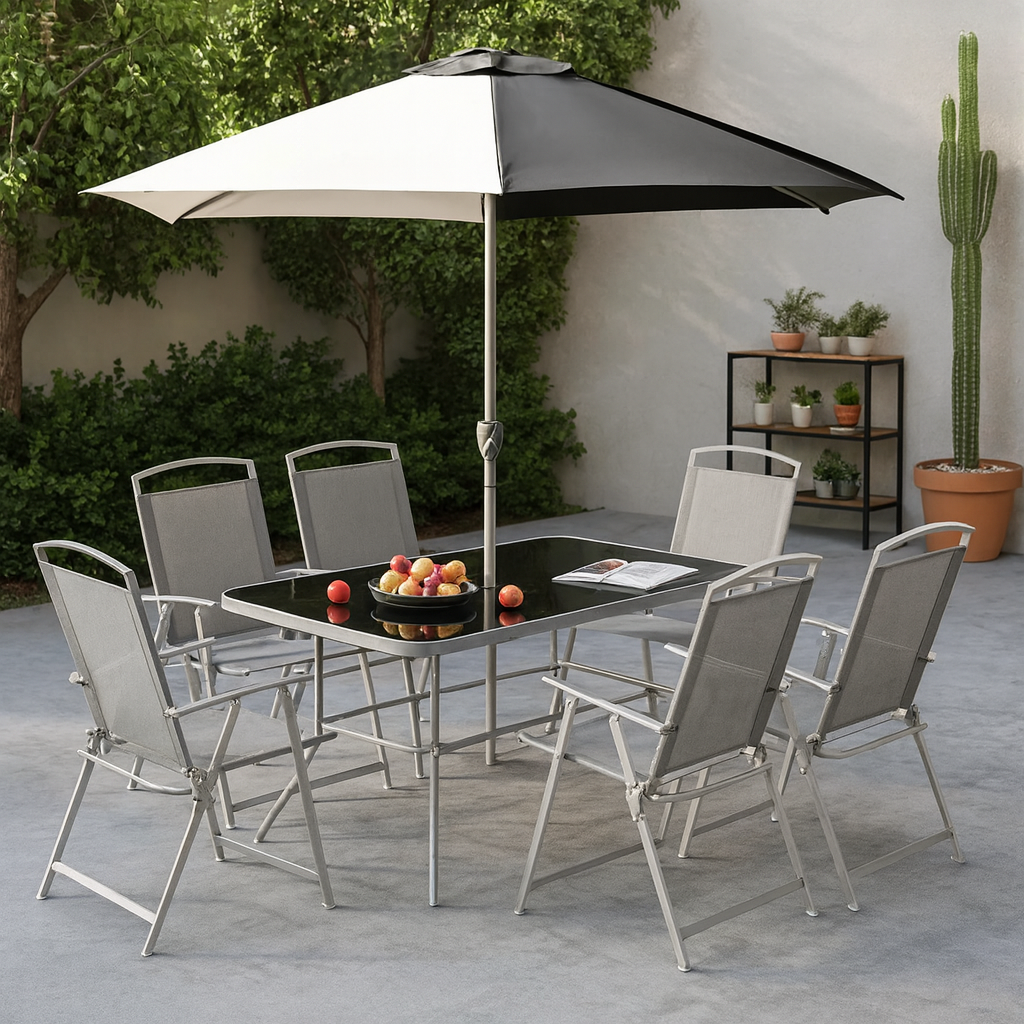 Ensemble Repas Extérieur 8 Pièces – Table en Verre, 6 Chaises Pliantes, Parasol Inclinable – Jardin / Terrasse