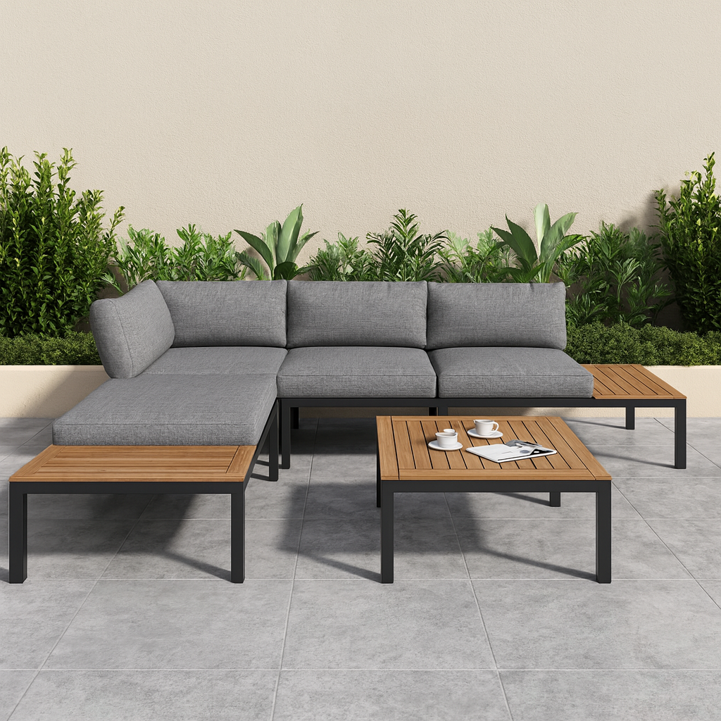 Salon de Jardin 5 Pièces – 2 Canapés, 3 Tables – Métal & Bois Composite – Extérieur