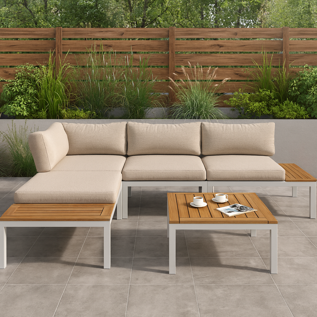 Salon de Jardin 5 Pièces – 2 Canapés, 3 Tables – Métal & Bois Composite – Extérieur