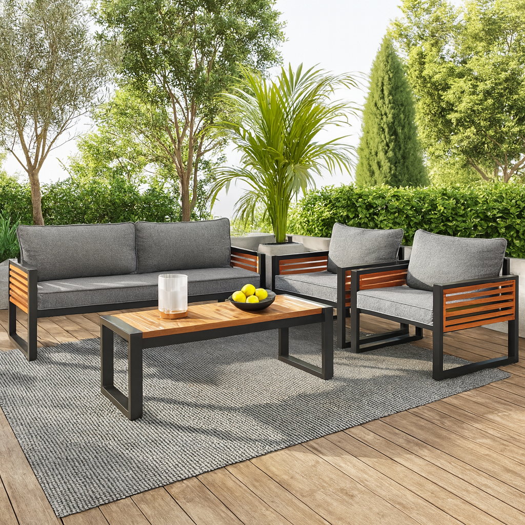 Salon de Jardin 4 Pièces – Bois d’Acacia & Métal – Canapé, Fauteuils, Table – Extérieur