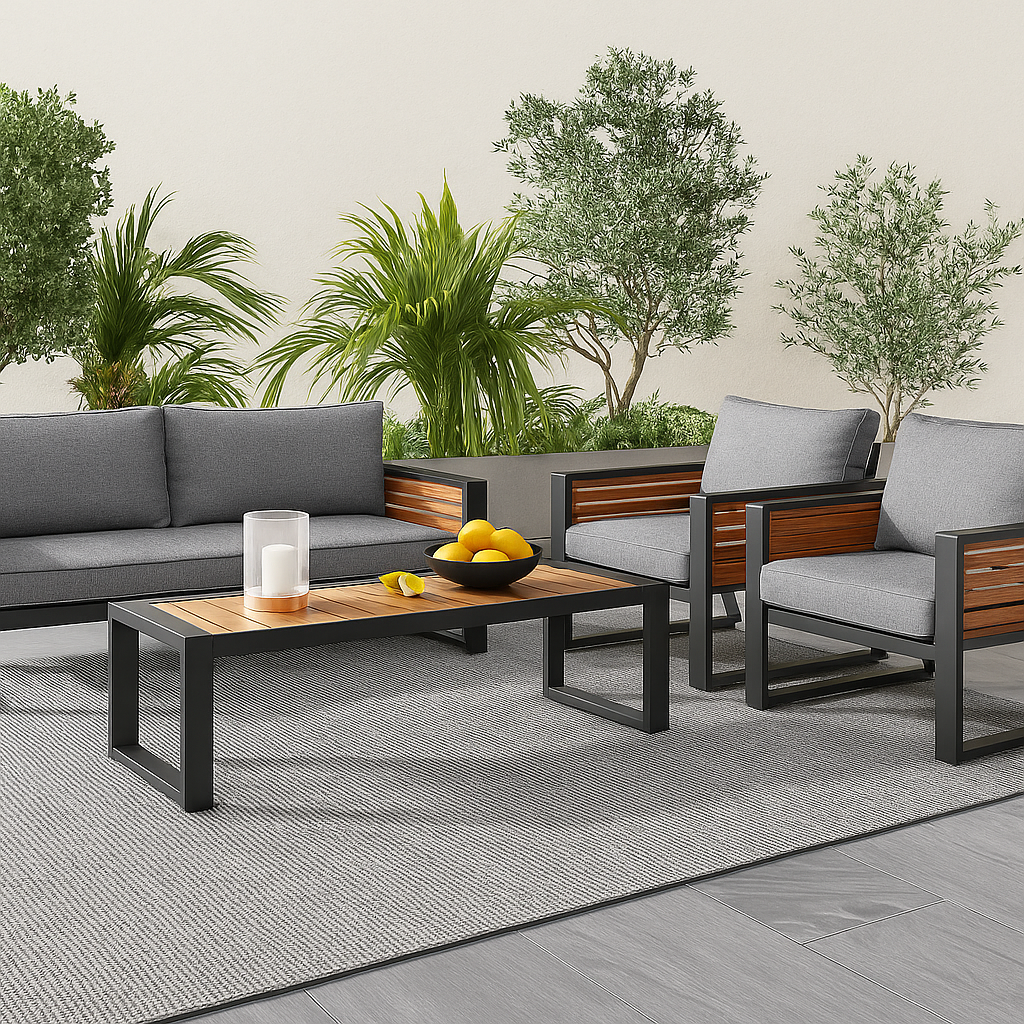 Salon de Jardin 4 Pièces – Bois d’Acacia & Métal – Canapé, Fauteuils, Table – Extérieur