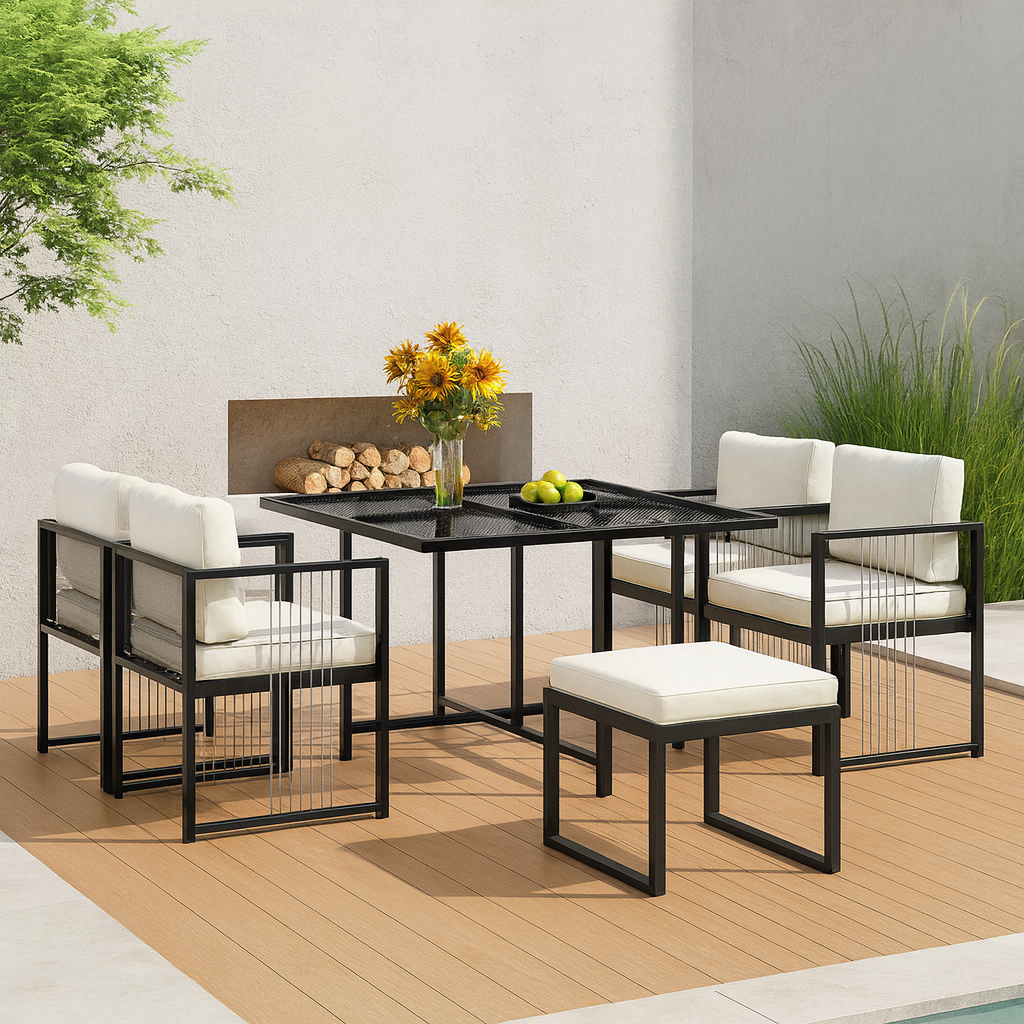 Salon de Jardin 7 Pièces – Table en Verre Trempé, 4 Fauteuils, 2 Tabourets – Acier & Corde – Extérieur – combinaison de noir et blanc