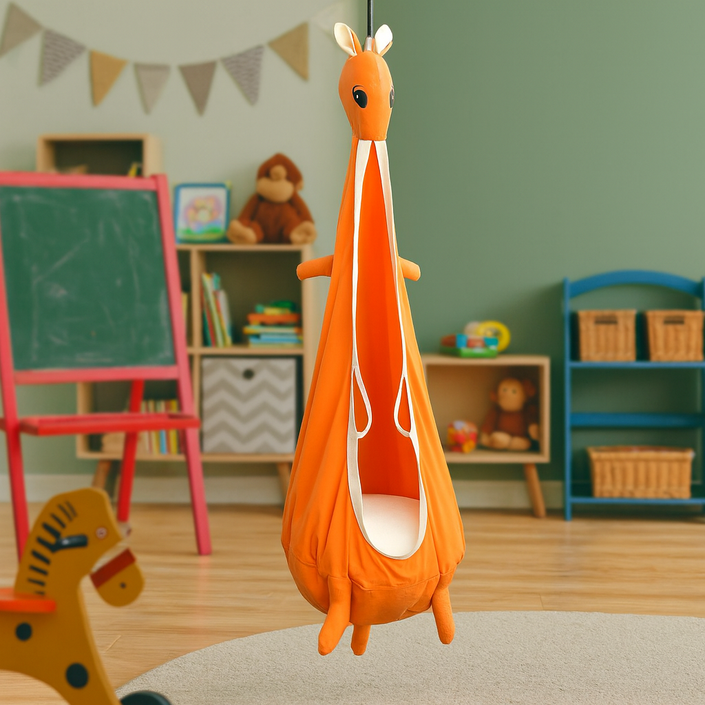Balançoire suspendue pour enfant – Style kangourou – Toile robuste avec barres de sécurité – Utilisation intérieure / extérieure – Kit de fixation inclus – Capacité 80 kg – Orange
