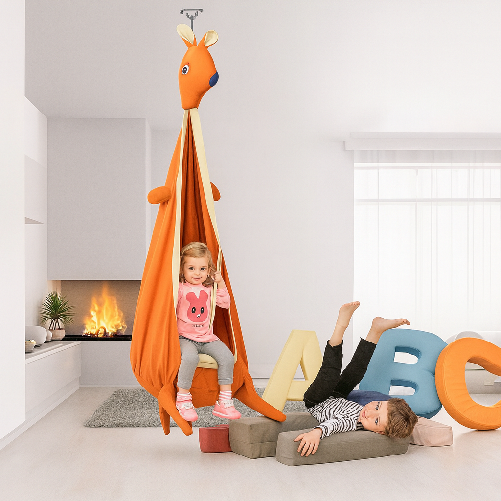 Balançoire suspendue pour enfant – Style kangourou – Toile robuste avec barres de sécurité – Utilisation intérieure / extérieure – Kit de fixation inclus – Capacité 80 kg – Orange