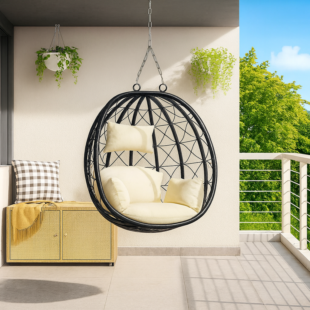 Chaise Suspendue en Forme d’Œuf – Rotin Poly – Crème – Sans Support – Avec Coussins
