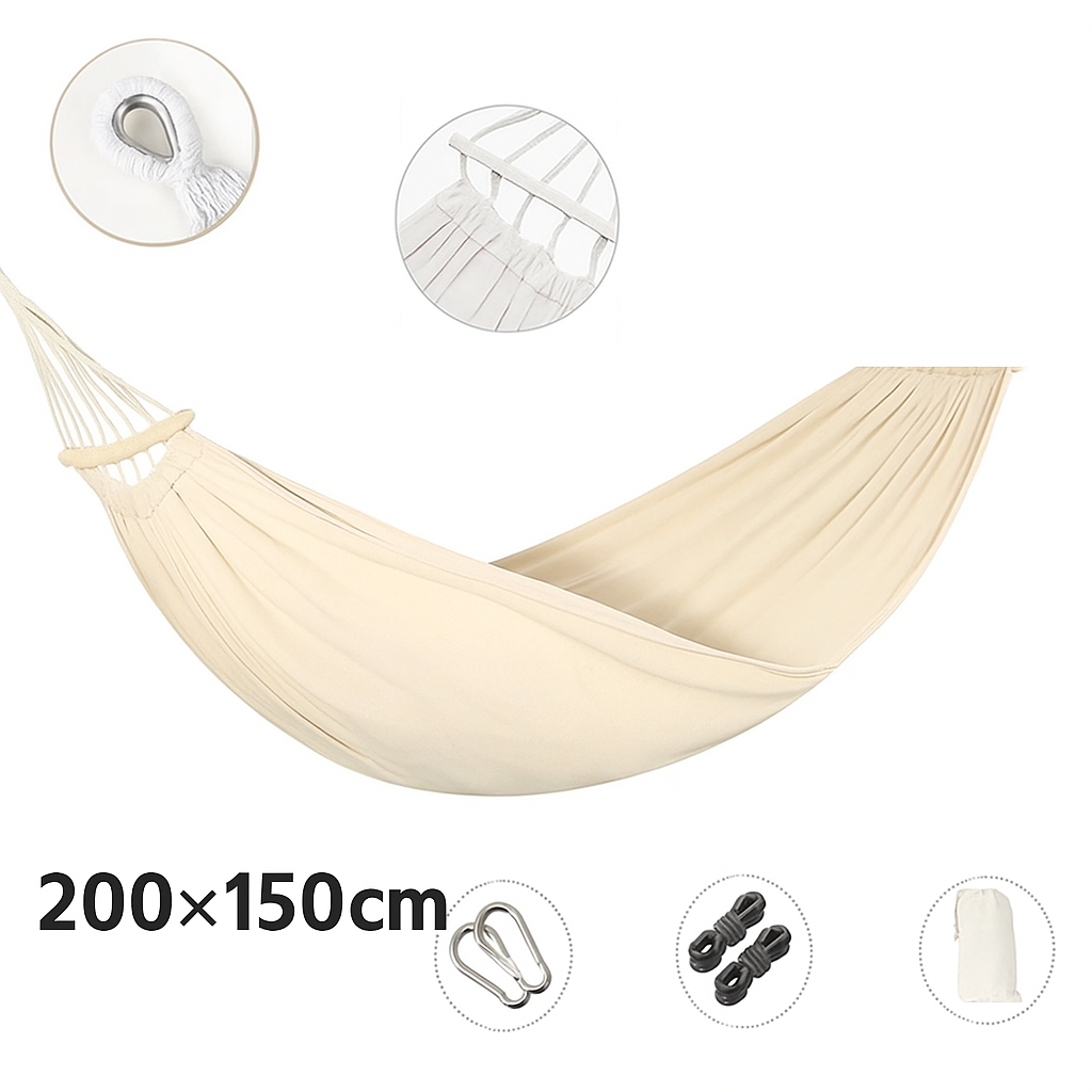 Hamac Double en Coton Tissé – Fixations Renforcées – Extérieur / Camping – Avec Sac de Transport
