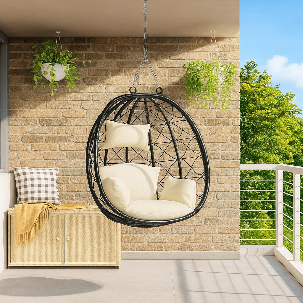 Chaise Suspendue en Forme d’Œuf – Rotin Poly – Crème – Sans Support – Avec Coussins