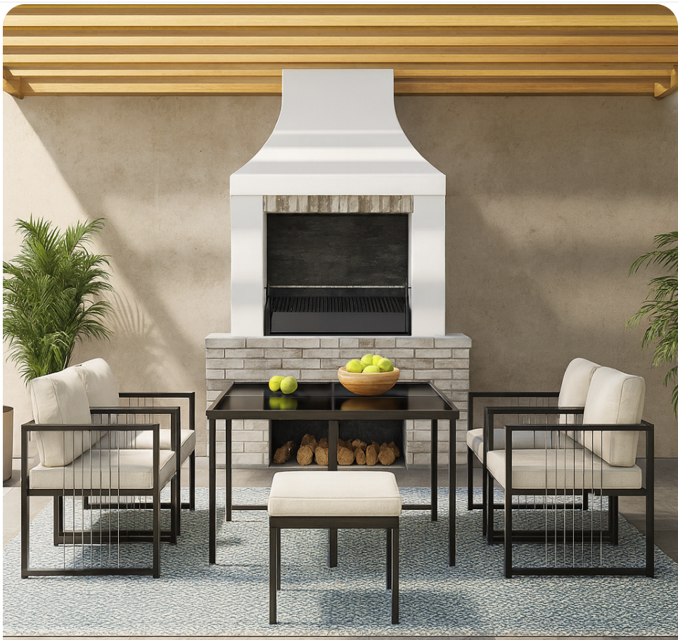 Salon de Jardin 7 Pièces – Table en Verre Trempé, 4 Fauteuils, 2 Tabourets – Acier & Corde – Extérieur – combinaison de noir et blanc