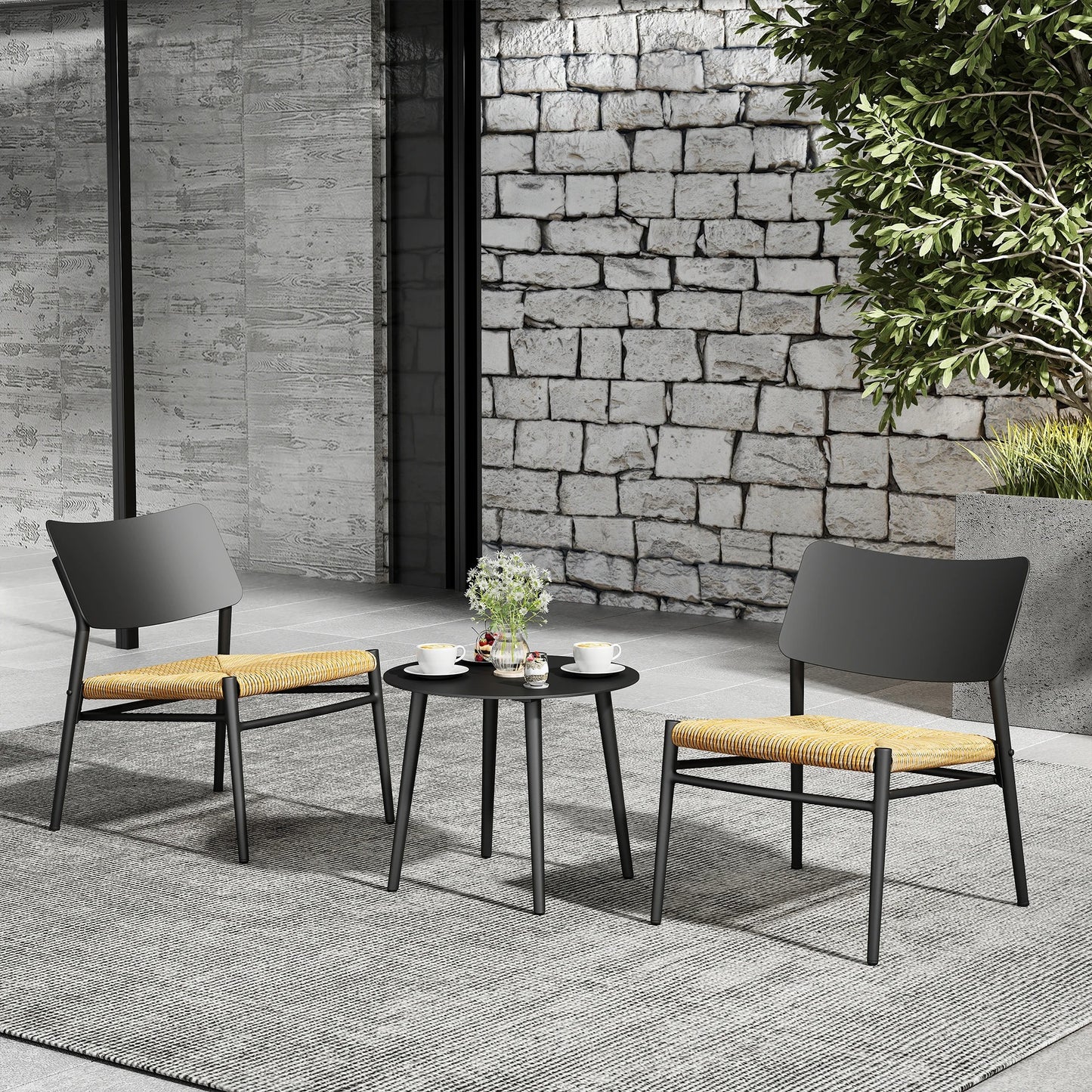 Ensemble Mobilier de Jardin 3 Pièces – Aluminium & Rotin PE – 2 Chaises avec Coussins + Table Basse – Extérieur