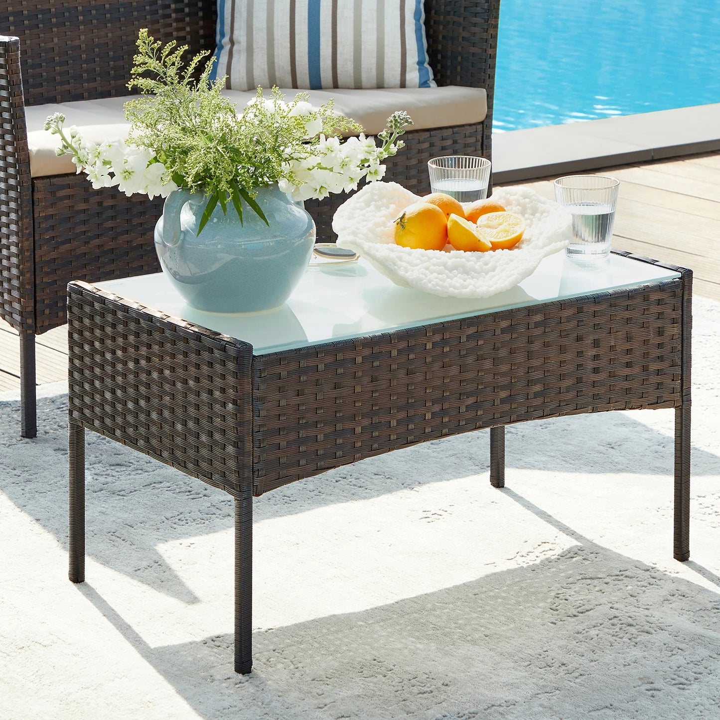 Salon de Jardin 4 Pièces – Acier Thermolaqué & Rotin PE – Table en Verre Trempé – Extérieur