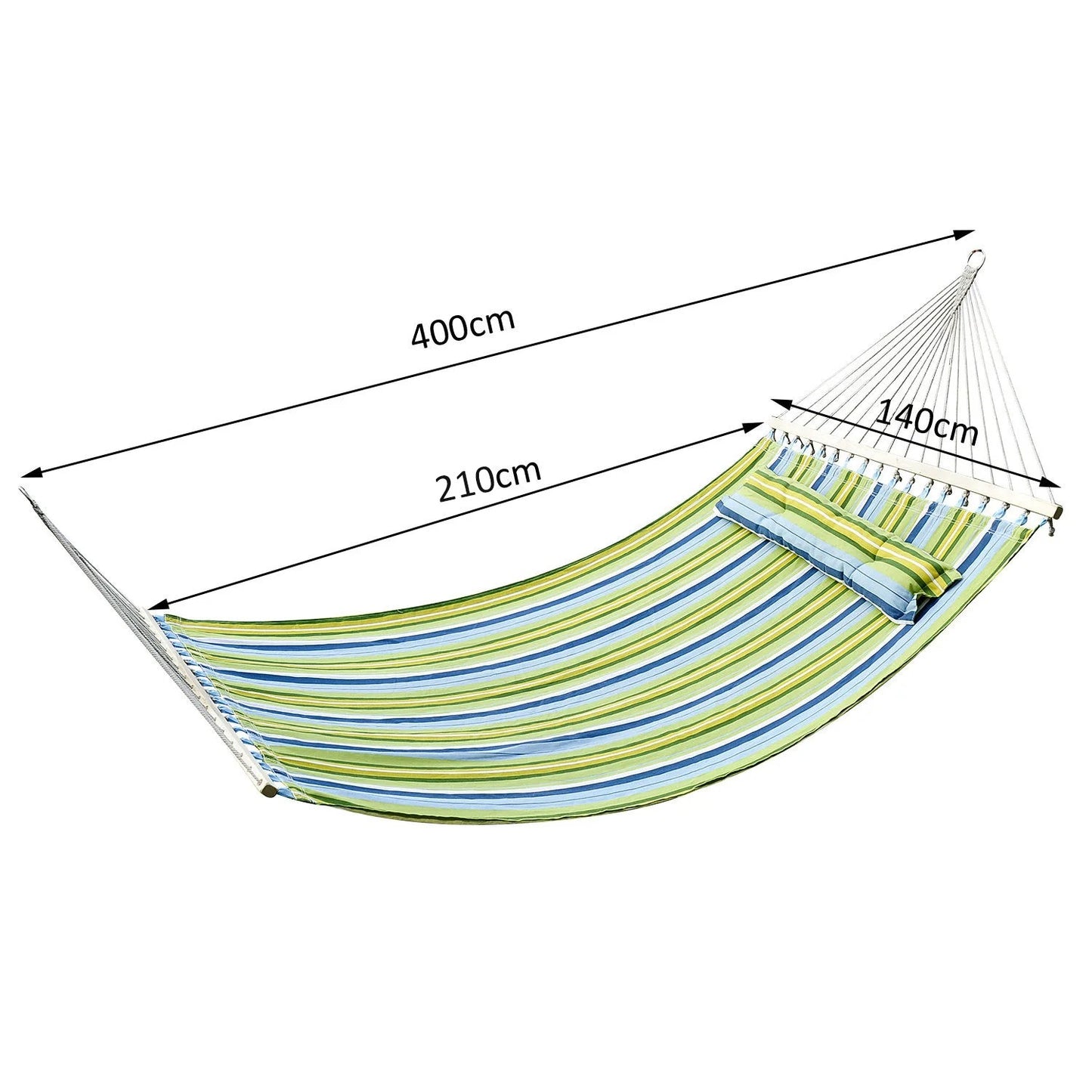 Hamac Double 400 x 140 cm – Rembourré – Coton & Polyester – Barre en Bois – Rayures vertes et bleues – Extérieur