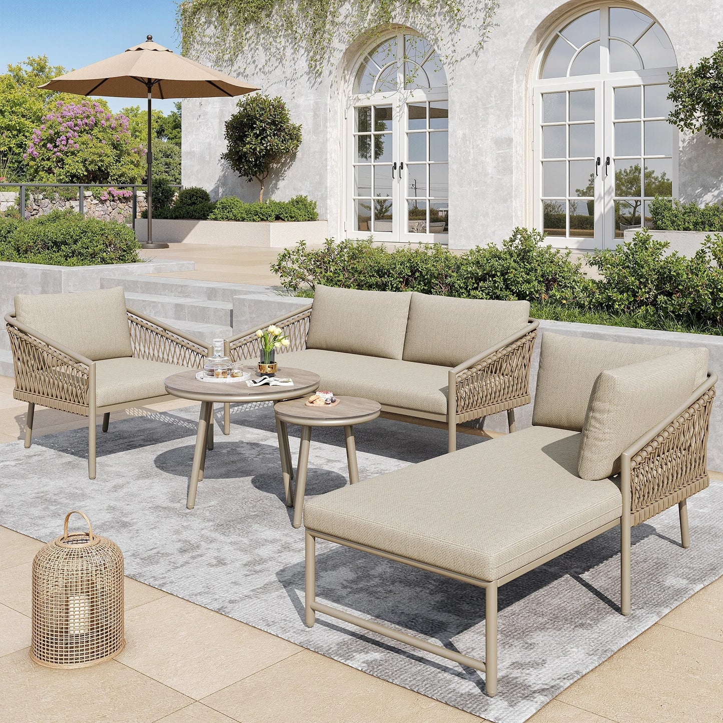Salon de Jardin 5 Pièces – Canapé, Fauteuil, Chaise et 2 Tables – Corde Tressée & Verre Trempé – Extérieur – Beige / Gris