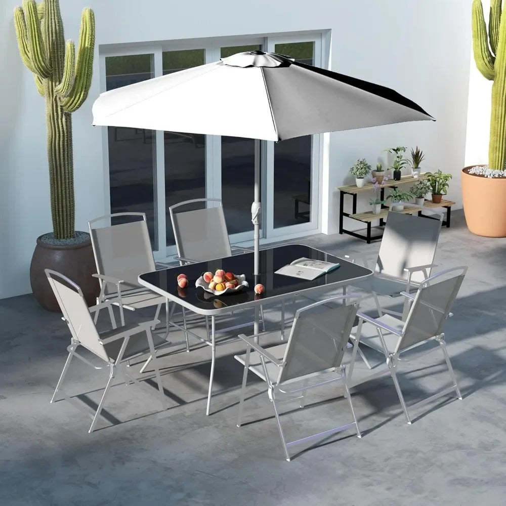 Ensemble Repas Extérieur 8 Pièces – Table en Verre, 6 Chaises Pliantes, Parasol Inclinable – Jardin / Terrasse